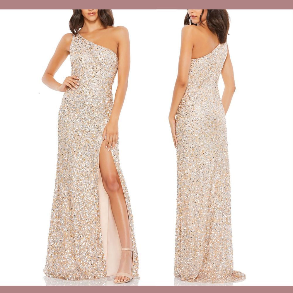 NEW $338 Mac‎ Duggal [ 0 ] Sequin One Shoulder Gown 10729  Nude Gold #S1145 - Picture 2 of 15